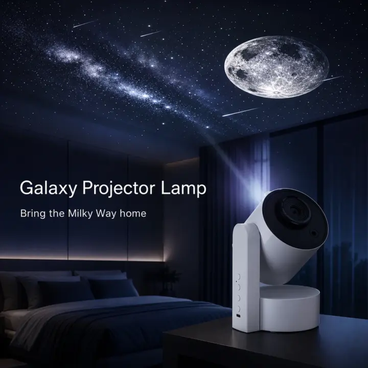 SK3 Pro galaxy projector lamp projecting moon and star scenes in a bedroom