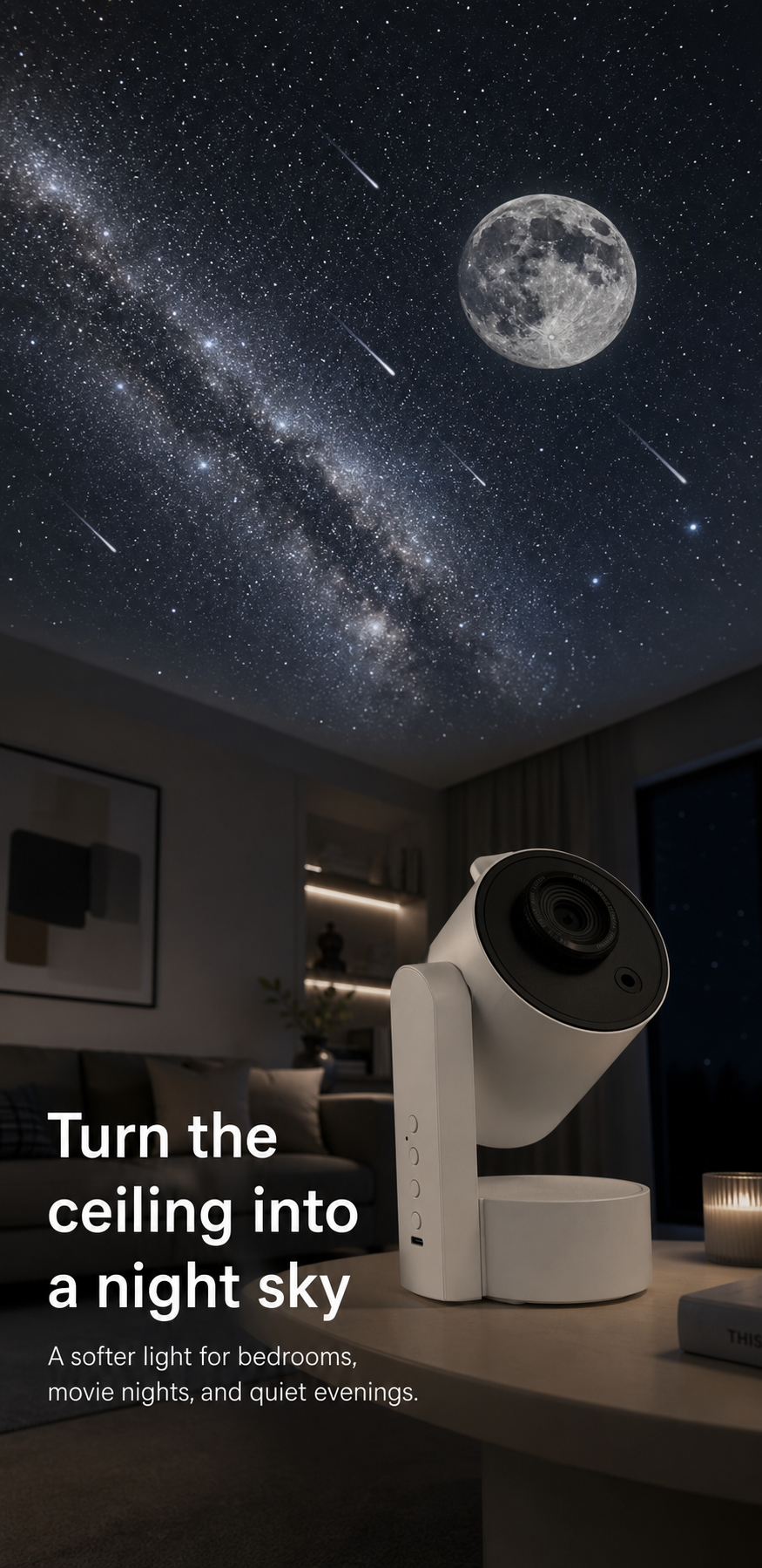 Galaxy projection across a bedroom ceiling
