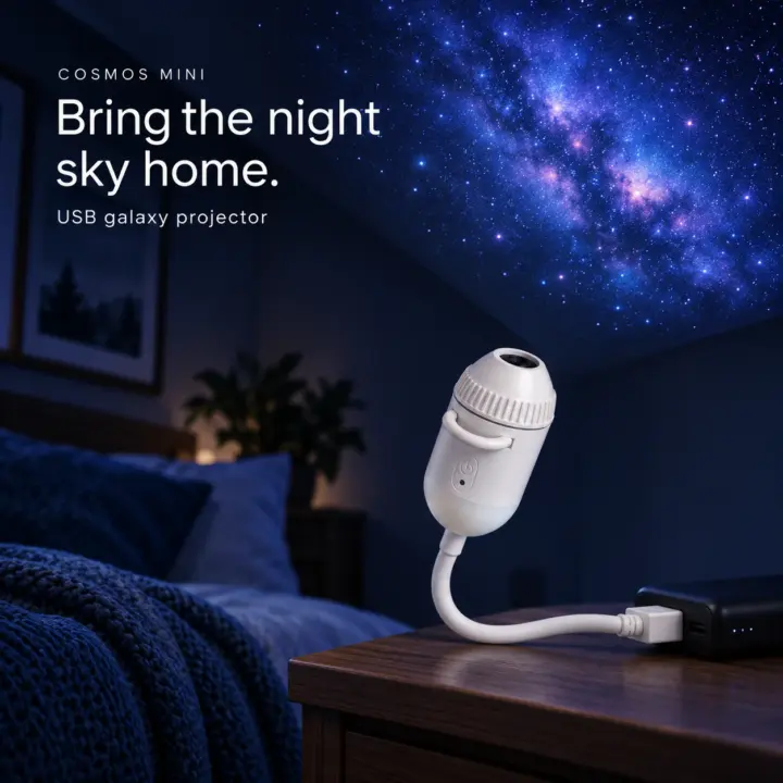 COSMOS Mini USB galaxy projector in an illustrative dark bedroom scene