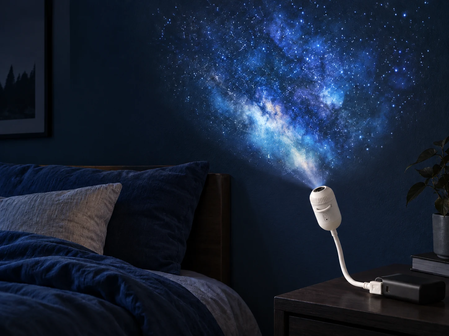 Illustrative galaxy projection on a bedroom wall with the compact USB lamp nearby