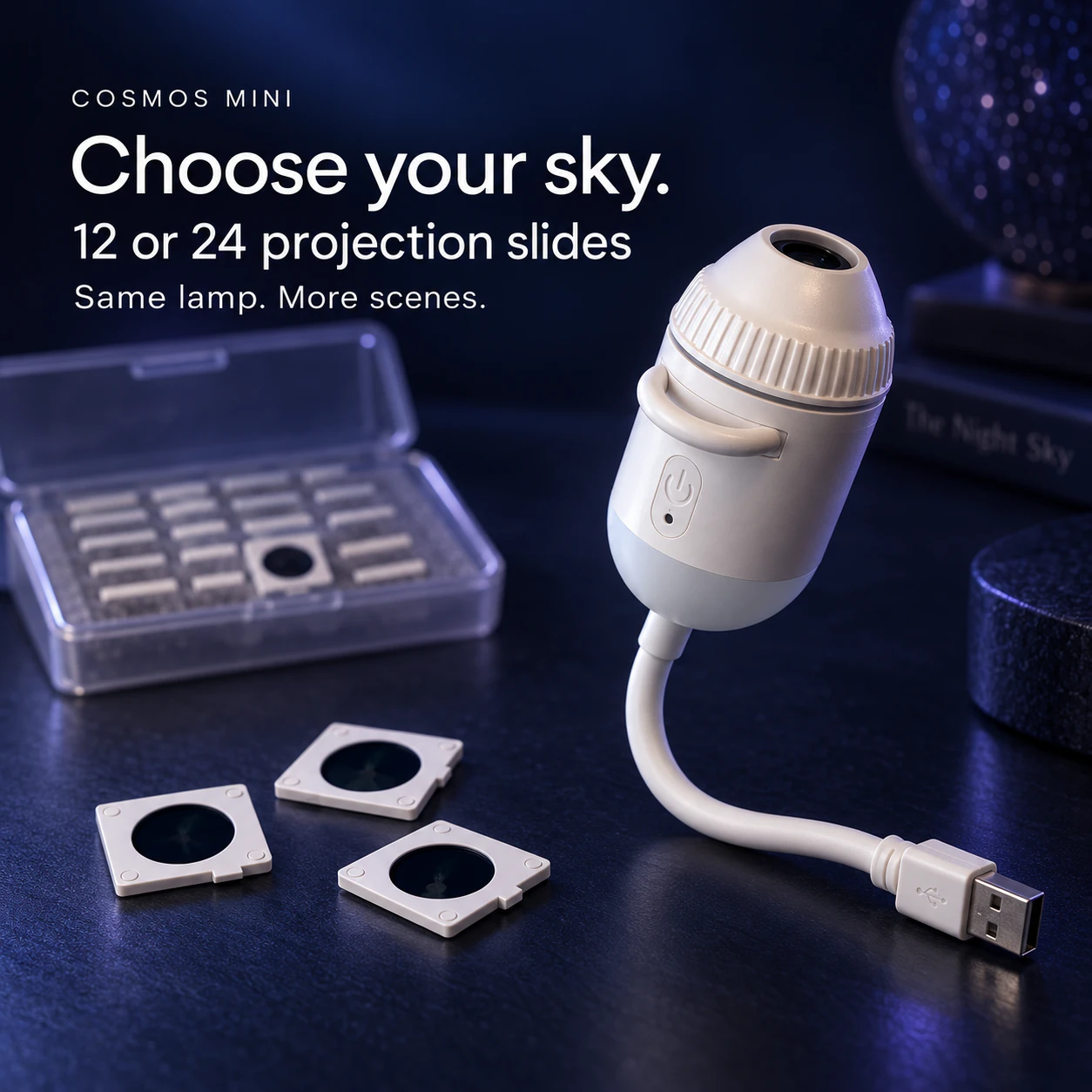COSMOS Mini projector with representative square-framed projection slides; 12 or 24 slide sets