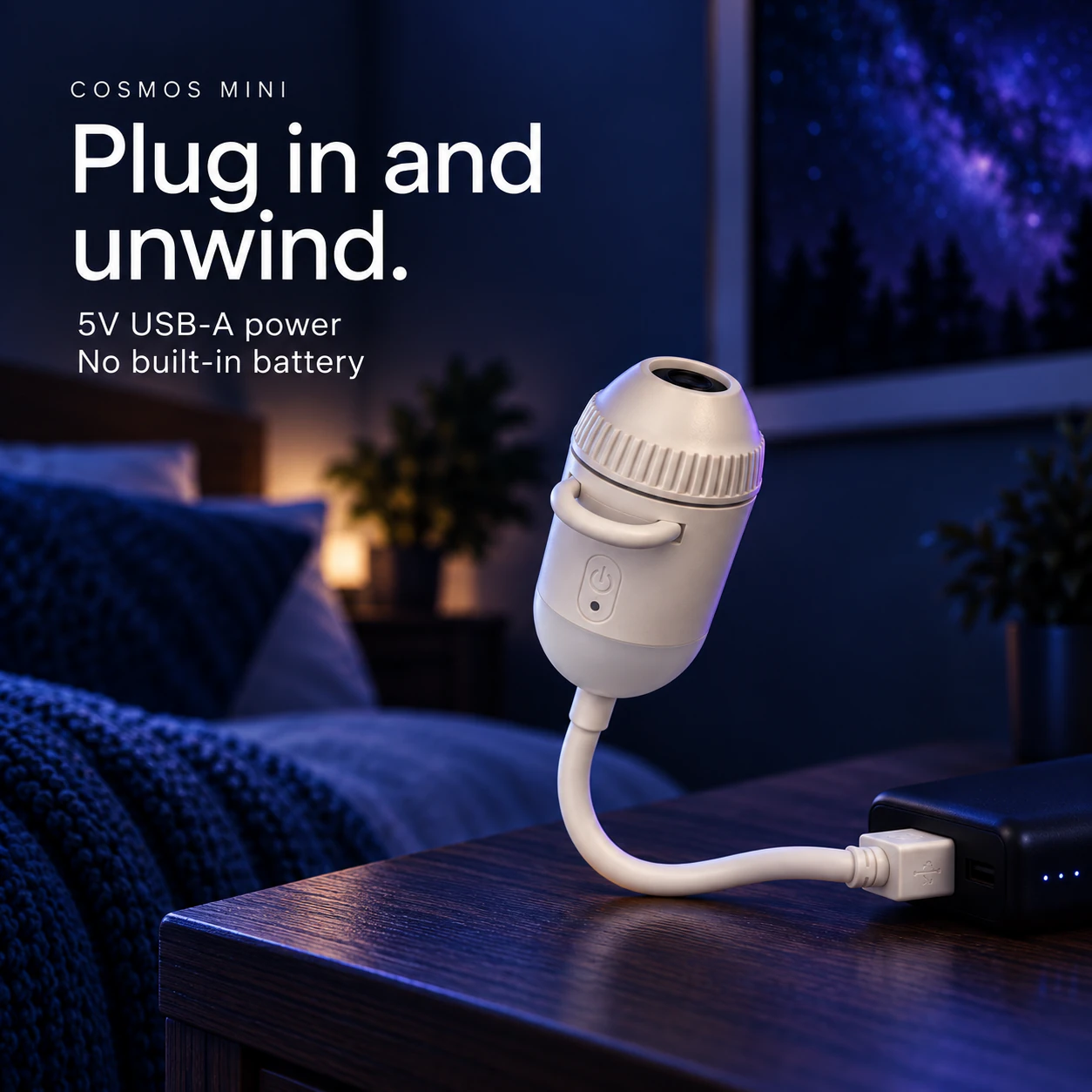 COSMOS Mini connected to a 5V USB-A power source, sold separately