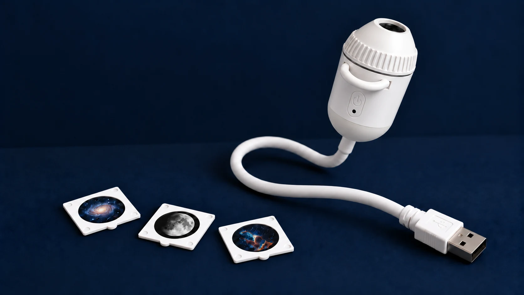 White COSMOS Mini USB Galaxy Projector with a flexible neck and a square-framed slide