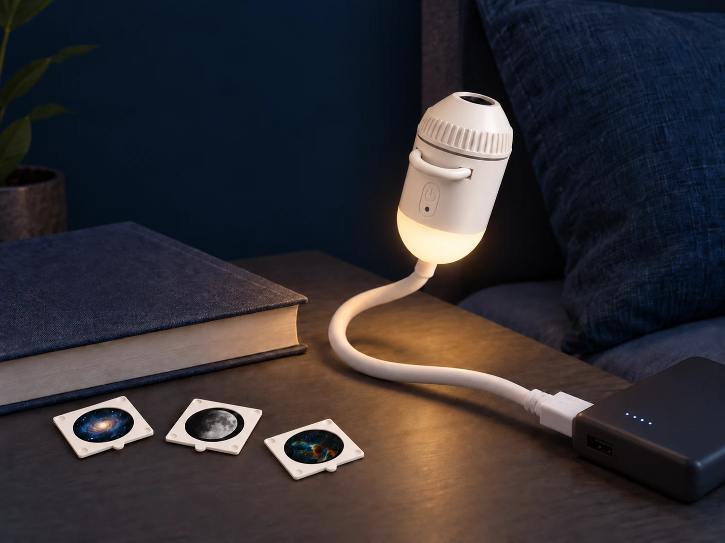 Compact USB lamp shown in night-light mode with its flexible neck