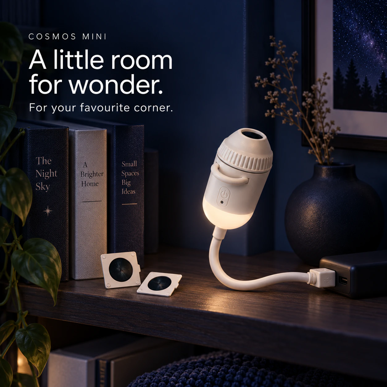 COSMOS Mini night light and representative slides on a bedside shelf